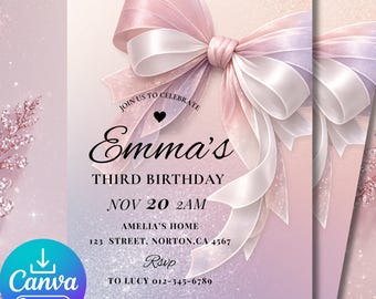Pink Bow Birthday Invitation Template – Elegant Canva Invite (5x7 Instant Download)
