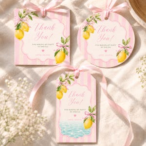 May include: Three decorative gift tags in square, circular, and rectangular shapes, featuring pink vertical stripes, watercolor lemon illustrations, and pink ribbon ties. Each tag displays the text Thank You! For making my party so special Love, Olivia.