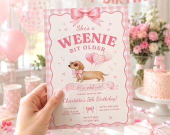 Editable Weenie Birthday Invitation, Pink Dachshund Party Invite Template, Coquette Dog Birthday, Girls 5th Birthday Canva Template