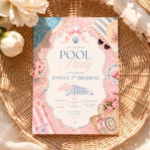 May include: A pink and blue pool party invitation with the text "Pool Party" and "Emma's 7th Birthday." The invitation features illustrations of a pool, flowers, and a beach bag. The invitation is on a woven background.