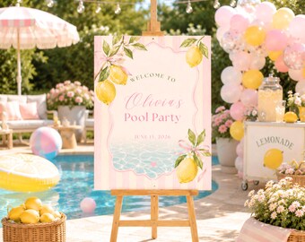 Lemon Pool Party Welcome Sign, Pink Coquette Birthday Sign, Lemonade Birthday Party Decor, Editable Welcome Poster, Printable Template
