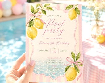Lemon Pool Party Invitation Template, Pink Coquette Ribbon Birthday Invite, Girl Summer Swim Party Citrus, Editable Canva Printable