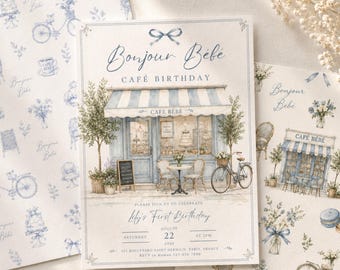 Bonjour Bébé Café Birthday Invitation Template, French Café 1st Birthday Invite, Blue French Bakery Party, Editable Canva Template