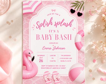 Pink Pool Party Baby Shower Invitation, Splish Splash Baby Bash Invite (Digital Download)