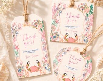 Under the Sea Thank You Tags, Coastal Birthday Party Favor Tags, Editable Canva Template, Floral Ocean Birthday, Digital Download