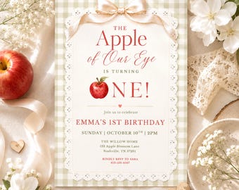 Apple of Our Eye First Birthday Invitation Template, Apple Birthday Party Invite, Editable Canva Invitation,5x7 Digital Download