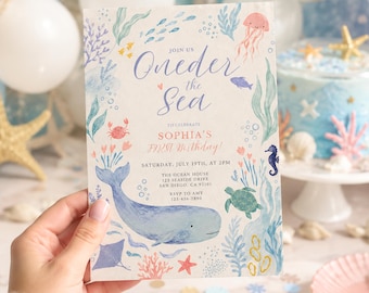 Oneder the Sea First Birthday Invitation Template, Watercolor Ocean Party Invite, Editable Canva Whale Birthday, 5x7 Digital Download
