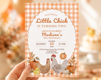 Little Chick 2nd Birthday Invitation Template, Editable Canva Invite, Fall Farm Birthday, Pumpkin Patch Party, Barnyard Girl Party