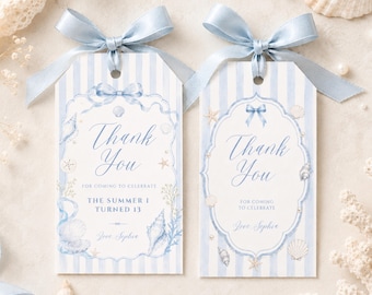 Coastal Coquette Thank You Tag Template, Beach Birthday Favor, Summer 13th Party (Digital Download)