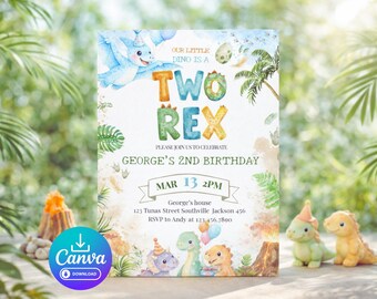Two Rex Dinosaur 2nd Birthday Invitation, Watercolor Jungle Theme (Digital Download)