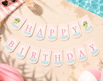 Lemon Pool Party Banner, Pink Coquette Birthday Banner, Pink Lemonade Party Decor, Happy Birthday Banner, Canva Printable PDF