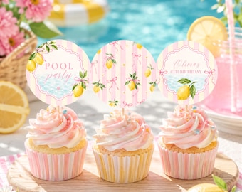 Lemon Pool Party Cupcake Toppers, Pink Coquette Ribbon Birthday Decorations, Pink Lemonade Party Decor, Editable Printable Toppers