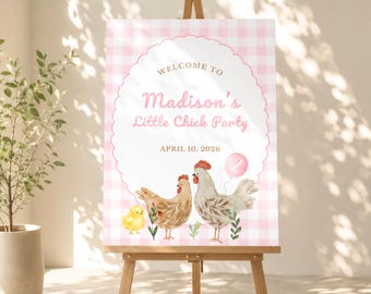 Little Chick Birthday Welcome Sign Template, Pink Gingham Farm Party Sign, 2nd Birthday Welcome Poster, Editable Canva Sign