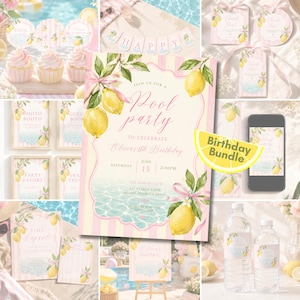 May include: A lemon-themed pool party birthday bundle featuring invitations, cupcake toppers, favour tags, and signage. The design includes watercolour lemons, pink ribbons, and light pink stripes, with text detailing a pool party celebration.