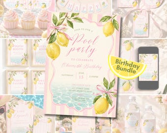 Lemon Pool Party Birthday Bundle, Pink Coquette Birthday Decorations, Pink Lemonade Party Package, Editable Canva Templates