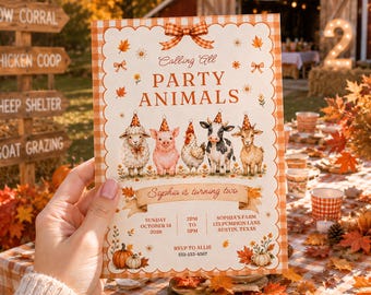 Fall Farm Birthday Invitation Template, Editable Canva Invite, Farm Animals Party, Barnyard Birthday for Girls, 5x7 Digital Download