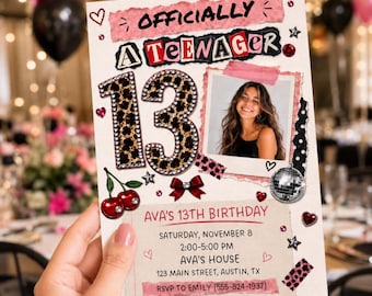 Editable Officially a Teenager Invitation, Teen 13th Birthday, Y2K Collage Party Template