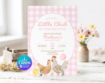 Little Chick 2nd Birthday Invitation, Farm Gingham Party Template (Digital Download)