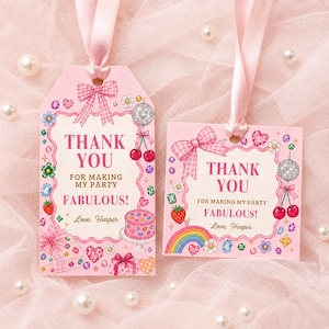 May include: Two rectangular and square pink gift tags with light pink satin ribbons. The tags feature the text THANK YOU FOR MAKING MY PARTY FABULOUS! Love, Harper, decorated with illustrations of a gingham bow, cherries, a cake, and a rainbow.