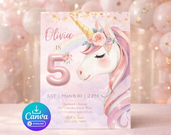 Unicorn 5th Birthday Invitation, Pastel Rainbow Girl Party Template (5x7)