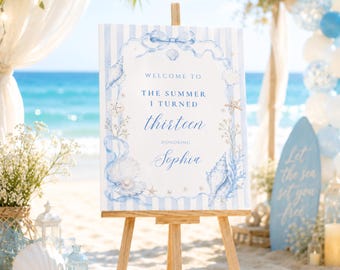 The Summer I Turned Thirteen Welcome Sign, Coastal Coquette Birthday Welcome Poster, Beach Party Decor, Editable Canva Template