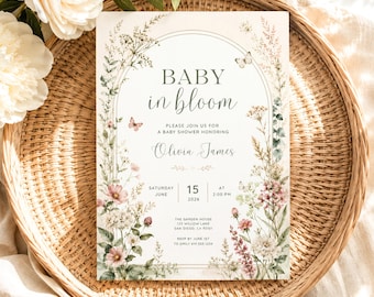 Baby in Bloom Wildflower Baby Shower Invitation, Editable Canva Template (5x7 Digital Download)