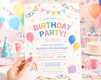 90s Pastel Birthday Invitation, Retro Kids Party Invite, Editable Canva Template (Digital Download)
