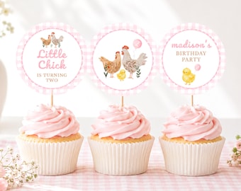 Little Chick Cupcake Toppers, 2nd Birthday Party Decorations, Pink Gingham Farm Birthday, Printable Cupcake Picks, Digital Download
