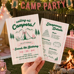 May include: Two rectangular birthday invitation cards with a light pink and white striped background. The text reads calling all Campers! Emma's 8th Birthday, Sun 26 Aug, and Sleepover Details with graphics of a tent, campfire, and cake.
