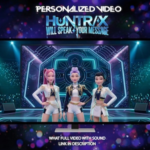 Può includere: Immagine promozionale animata con il testo "PERSONALIZED VIDEO" e "HUNTRAX WILL SPEAK YOUR MESSAGE." Tre figure animate sono su un palco di fronte a un grande schermo. Il testo "WHAT FULL VIDEO WITH SOUND LINK IN DESCRIPTION" è in basso.