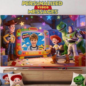 May include: A digital display showing a personalized video message featuring Toy Story characters Woody, Jessie, Rex, Buzz Lightyear, and Slinky Dog surrounding a vintage-style television screen with a photo of a child and the text Happy Birthday Alex.