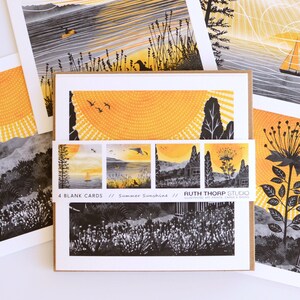 May include: Set of four blank greeting cards featuring illustrations of summer scenes in black and yellow. The cards feature a sun, a sailboat, a flower, and a forest. The text on the cards reads "4 Blank Cards // Summer Sunshine // Ruth Thorp Studio".