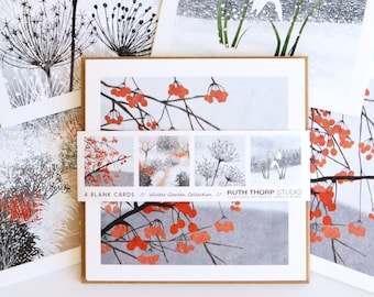 Winter Garden Pack of 4 Greeting Cards  |  snowdrops, seedheads and red berries