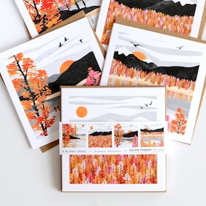 Autumn Collection Pack of 4 Greeting Cards  |  forest, lake shoreline, flying ducks