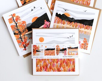 Autumn Collection Pack of 4 Greeting Cards  |  forest, lake shoreline, flying ducks