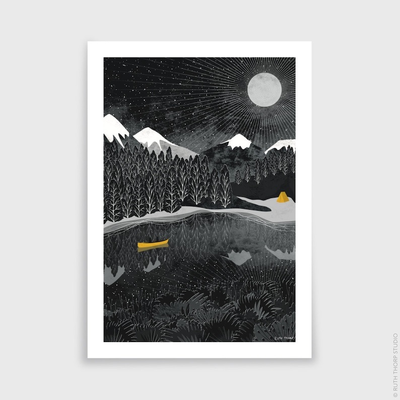 Night Paddle Art Print: A4, A3, A2, A1 Journey Collection yellow and black, canoe, starlight, nightsky, moon, camping, mountains image 3