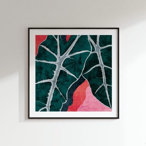 May include: Abstract art print featuring a close-up of a green leaf with white veins and a pink and red background.