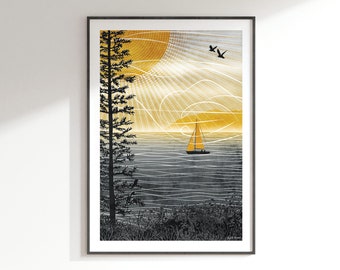 Summer Long Art Print: Yellow Sunshine Illustration Summer Sailing Boat