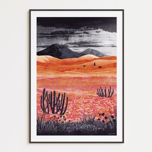 May include: A digital illustration of a desert landscape with a dark sky, orange sand dunes, and a field of pink flowers.  Silhouettes of birds fly over the dunes.  The image is framed in black.
