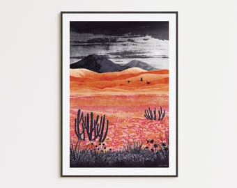 Desert Blooming Art Print: Desert Blooming Collection A4, A3, A2, A1 | colourful flower field, cacti, hummingbird, Atacama, rainstorm