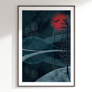 May include: A digital illustration of a dark blue landscape with a red moon and a black silhouette of a bird flying overhead. The landscape features rolling hills, trees, and a winding path.