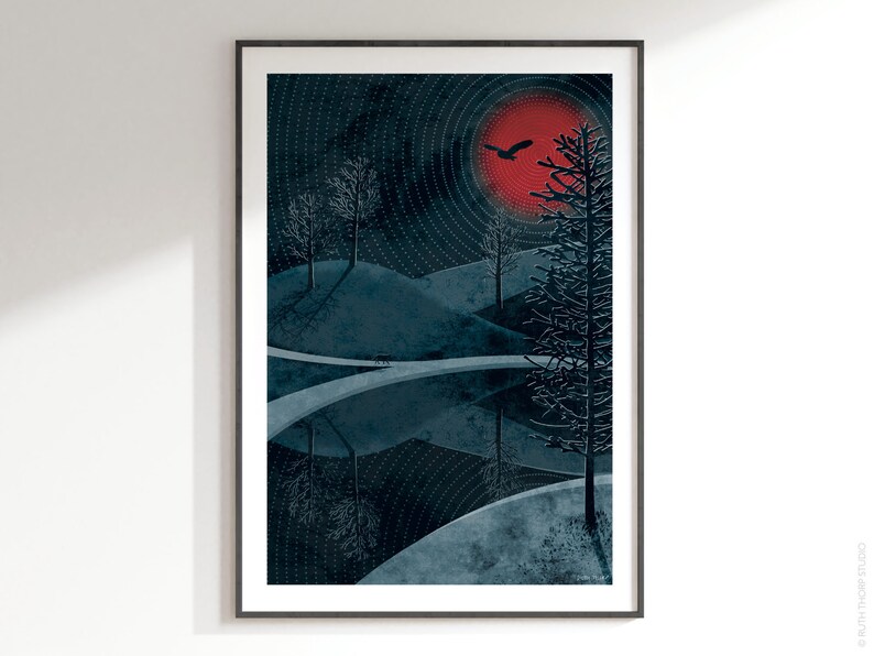 May include: A digital illustration of a dark blue landscape with a red moon and a black silhouette of a bird flying overhead. The landscape features rolling hills, trees, and a winding path.