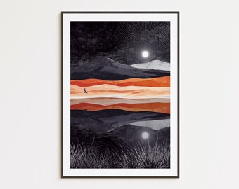 Between Stars Art Print: Desert Blooming Collection A4, A3, A2, A1 | nightsky reflection, salt flats, nighthawk, grasses, moonlight, stars