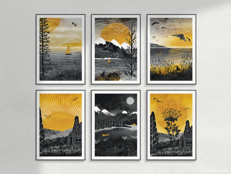 Night Paddle Art Print: A4, A3, A2, A1 Journey Collection yellow and black, canoe, starlight, nightsky, moon, camping, mountains image 6