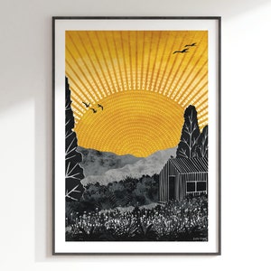 Home Art Print: A5, A4, A3, A2, A1 Journey Collection summer, sunshine, yellow, garden, meadow, shed, cabin image 1