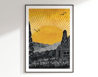 Home Art Print: A5, A4, A3, A2, A1 | Journey Collection | summer, sunshine, yellow, garden, meadow, shed, cabin