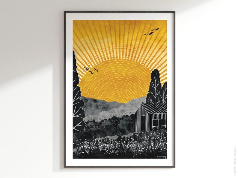 Home Art Print: A5, A4, A3, A2, A1 Journey Collection summer, sunshine, yellow, garden, meadow, shed, cabin image 1