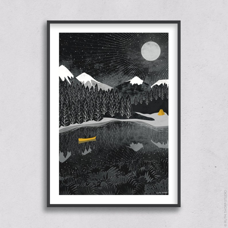 Night Paddle Art Print: A4, A3, A2, A1 Journey Collection yellow and black, canoe, starlight, nightsky, moon, camping, mountains image 4