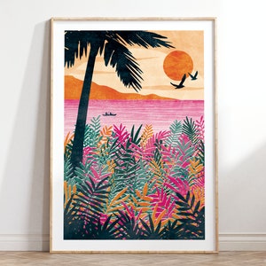 Sundown Art Print: Paradise Collection A4, A3, A2, A1 tropical palm tree, bright and bold, kayaking, colourful interior image 1