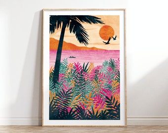 Sundown Art Print: Paradise Collection A4, A3, A2, A1 | tropical palm tree, bright and bold, kayaking, colourful interior